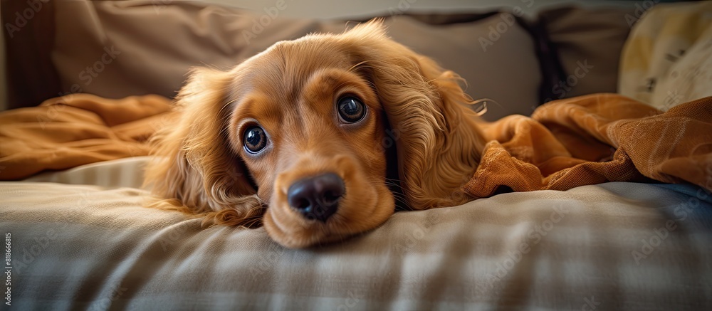 Poster A playful English Cocker Spaniel puppy is seen resting on a cozy bed at home sticking its tongue out while gazing up from a top down perspective creating a cute and amusing image