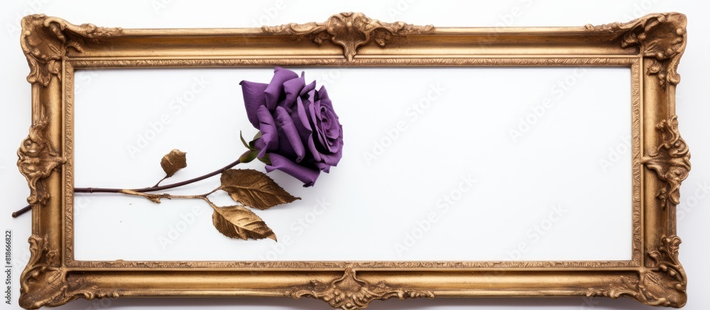 Poster a dried purple rose is displayed in a golden frame against a clean white background allowing for cop