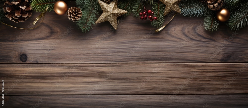 Poster an old wooden plank adorned with christmas decorations including fir branches and a decorative star 
