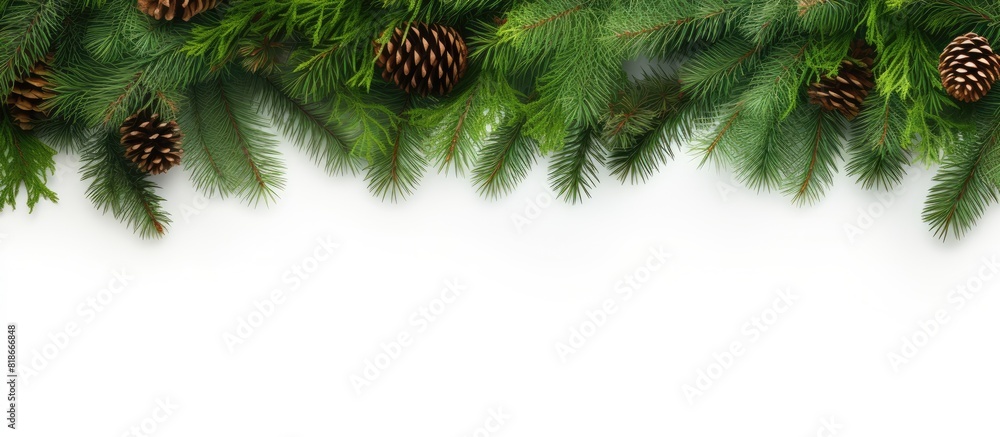 Aufkleber Christmas composition featuring spruce and fir branches forming a border This isolated white background image includes copy space for text making it suitable for use as a banner