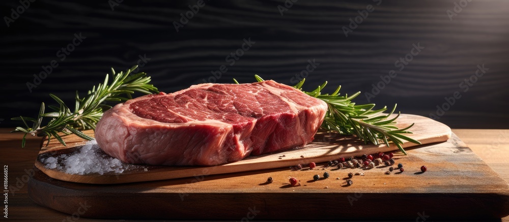 Poster a piece of raw ribeye steak is placed on a wooden board resting on a slate platform the board is sit