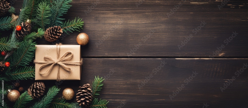 Aufkleber a festive border of fir branches cones and a gift box wrapped in kraft paper rests on a wooden backg