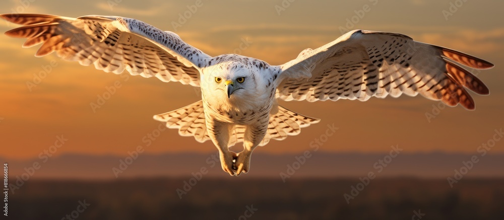 Aufkleber A Gyrfalcon a magnificent white falcon soars through the sunset sky while hunting at high speeds There is plenty of empty space for text or images. with copy space image