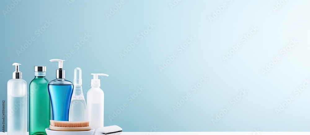 Poster A flat lay of dental hygiene products and a light background with space for text The image features mouthwash and other oral care products. with copy space image. Place for adding text or design