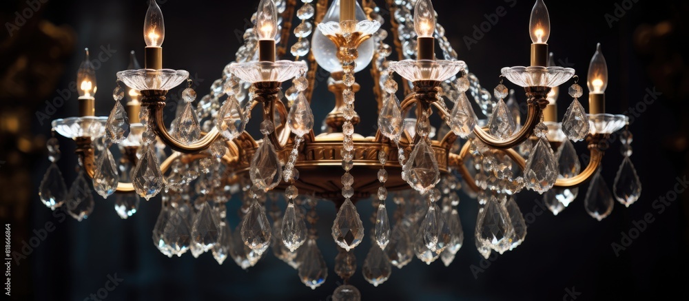 Poster A close up of a crystal chandelier against a glamorous background offering ample copy space in the image