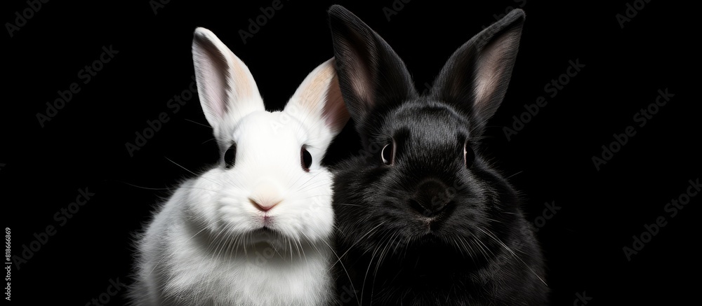 Aufkleber black and white mini rex rabbits in a copy space image against a black background