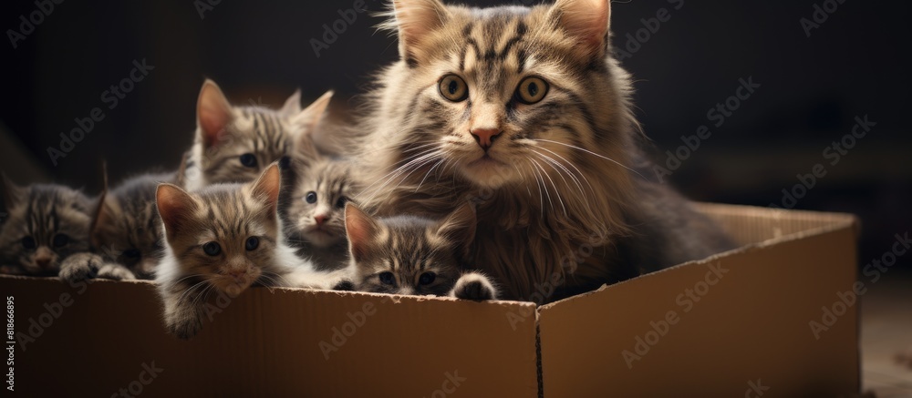 Poster a mother cat with gray fur is nourishing her kittens inside a brown carton box the scene is captured