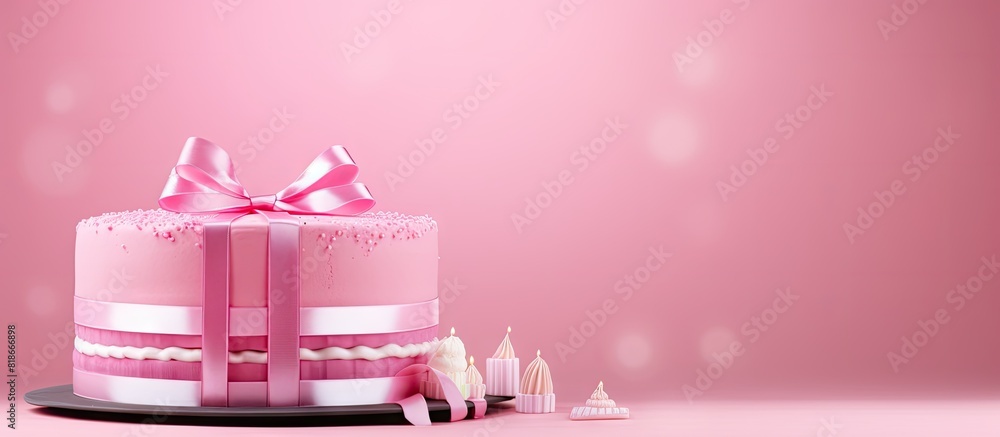 Poster a pink background with a birthday cake and gift creating an ideal copy space image