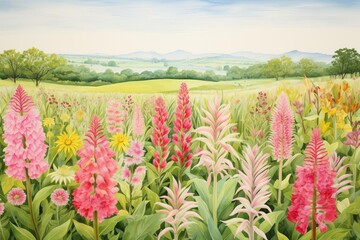 Enchanting Watercolor of a Flourishing Field Abundant with Blooming Flowers