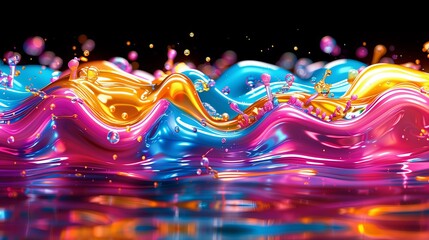 Vibrant waves of colorful paint splashes in dynamic motion against a black background, creating a stunning abstract visual effect. digital 3D illustration.