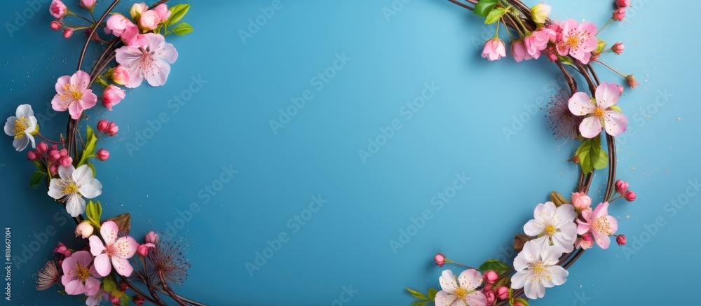 Aufkleber Circular frame of spring flowers against a blue backdrop with space for images. with copy space image. Place for adding text or design