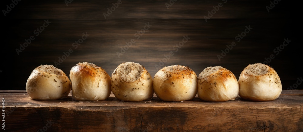 Poster copy space image of delicious garlic buns placed on rustic wooden boards set against a grunge backgr