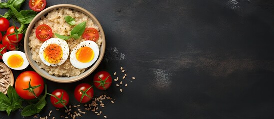 A healthy balanced meal consisting of breakfast oatmeal porridge with a boiled egg cherry tomatoes sweet peppers and lettuce The view is from the top overhead providing a copy space image - Powered by Adobe