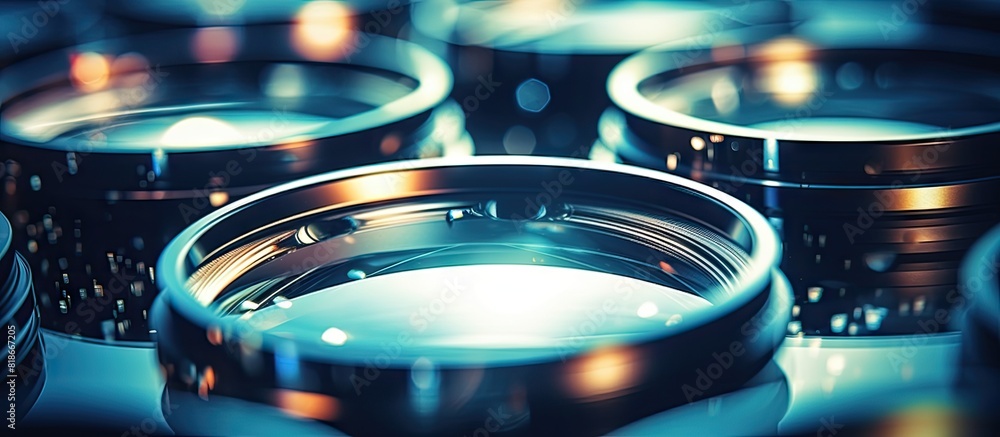 Poster A close up of scientific microscope lenses with a wide frame allowing for a copy space image