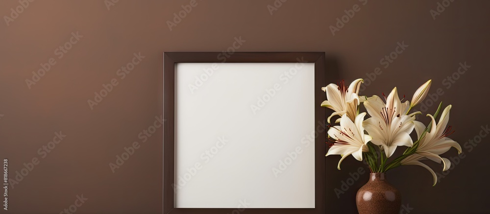 Poster A mockup of a dark brown frame with a delicate bouquet of lilies and white and black vases The frame is empty serving as a template for presenting modern art Perfect for designing copy space images