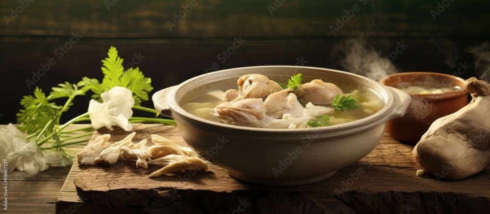 Poster a healthy homemade soup image featuring chinese cooking medical herbs and chicken. with copy space i