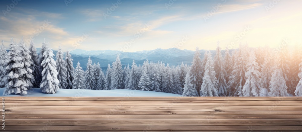 Aufkleber A picturesque Christmas themed wooden background adorned with a snowy fir tree capturing a breathtaking view and allowing room for additional elements in the image