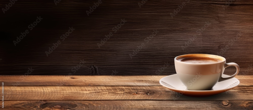Poster a cup of coffee sitting on a wooden surface with plenty of copy space for an image