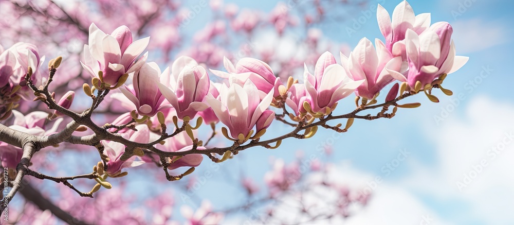 Aufkleber Outdoor closeup of a stunning magnolia tree in full bloom with space available for adding text or captions in the image. with copy space image. Place for adding text or design