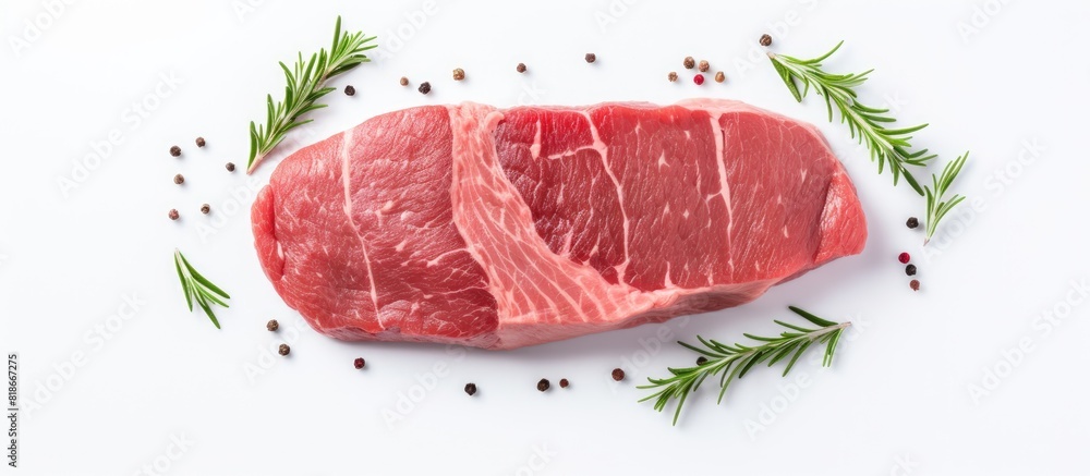 Aufkleber A top down view of a raw veal steak fillet on a white background There is ample copy space for adding text or graphics to the image