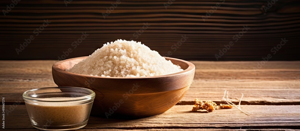Poster A natural loofah bath scrub displayed on a rustic walnut table with plenty of empty space around it for a clear copy space image