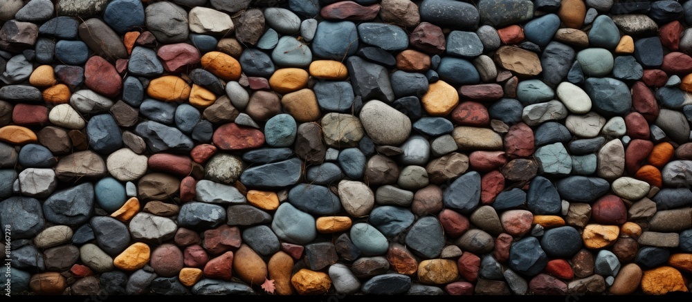 Poster A multi colored stone wall made of basalt with a rock texture serves as a captivating stone background and a perfect fantasy wallpaper with copy space image