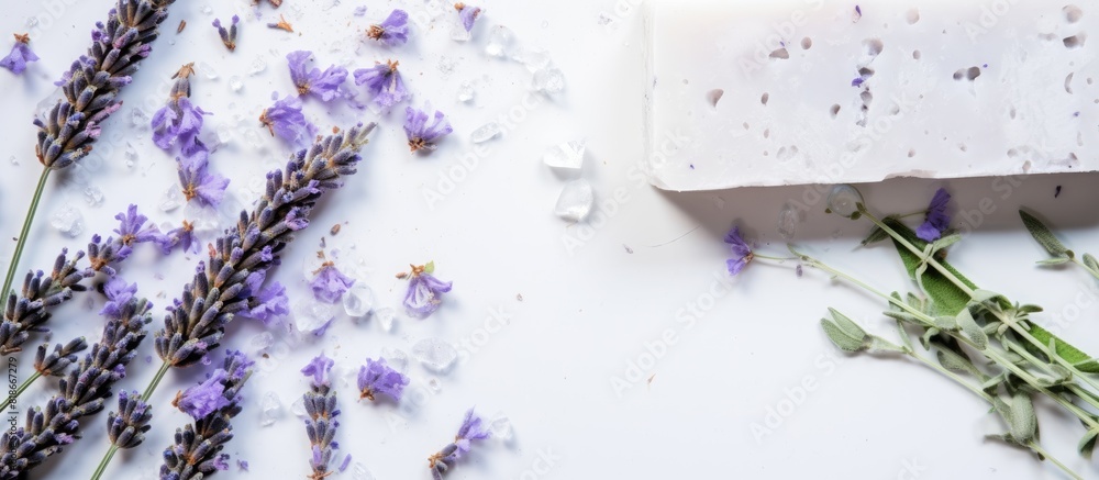 Aufkleber Top view of natural lavender soap bars with seasalt and flowers displayed on a white background offering ample space for other elements or text in the image