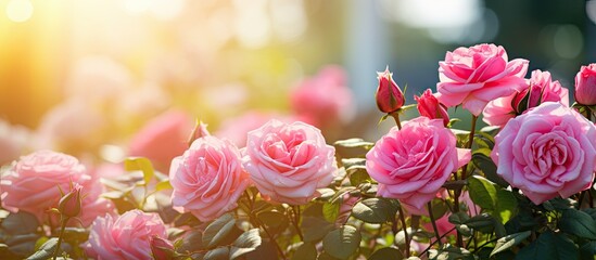 Obraz premium Early summer in a flower garden with vibrant pink roses in full bloom creating a picturesque copy space image