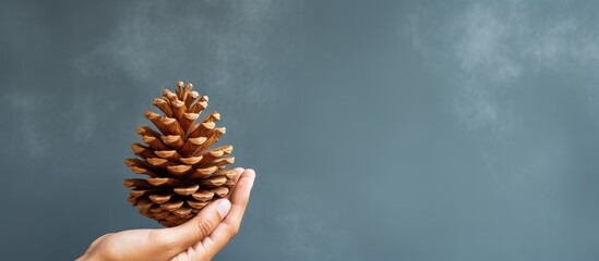 A person is holding a large freshly picked pine cone against a plain gray backdrop in the copy space image - Powered by Adobe