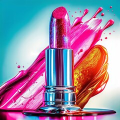 Vibrant lipstick art with glossy finish and colorful background splash. Ideal for makeup, beauty, and fashion-themed visuals.