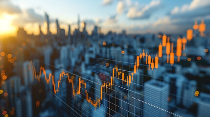 double exposure image of stock market investment graph and city on background,  concept of business investment and stock future trading