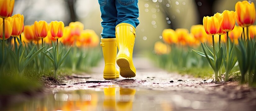 A baby wearing yellow rubber boots walks on a trail lined with colorful tulips carrying a yellow umbrella Spring scenery with a copy space image for sunny photography 151 characters
