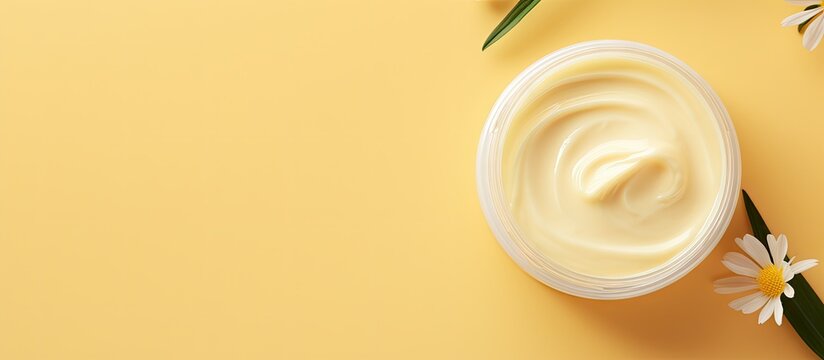 A jar of body butter is placed on a yellow background to create a copy space image This image represents a skin care product a natural cosmetic and the concept of cream The view is from the top with a