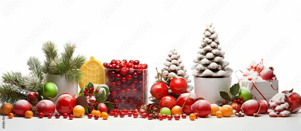 Poster A festive arrangement of candy and gift boxes creating a Christmas composition on a white background with copy space image