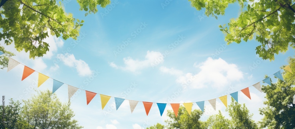 Poster the summer party banner features a vibrant string of pennants hanging among the lush green tree leav