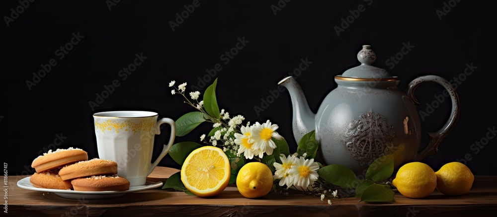 Aufkleber There is a copy space image of a table adorned with a kettle of strong tea accompanied by lemon ginger donuts and jam in a vase