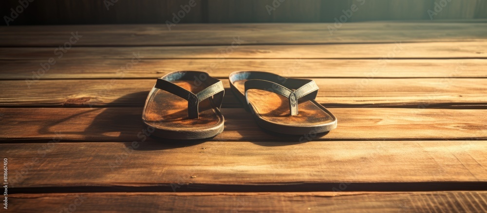 Poster a copy space image featuring sandals resting on a rustic wooden floor