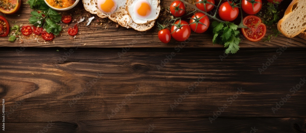 Poster A delicious breakfast spread with fried eggs and tomato toasts beautifully arranged on a rustic wooden cutting board creating an inviting copy space image