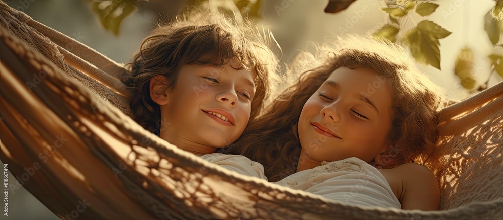 Poster in a nature setting a brother and sister enjoy a summer day lying together in a hammock there is cop