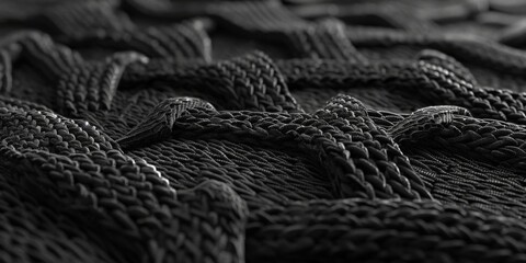 A close up of a black knit fabric with a black background