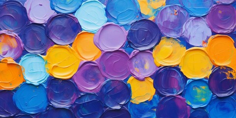 カラフルな夏用油絵抽象横長バナー）青・黄色・深い紫の水玉模様