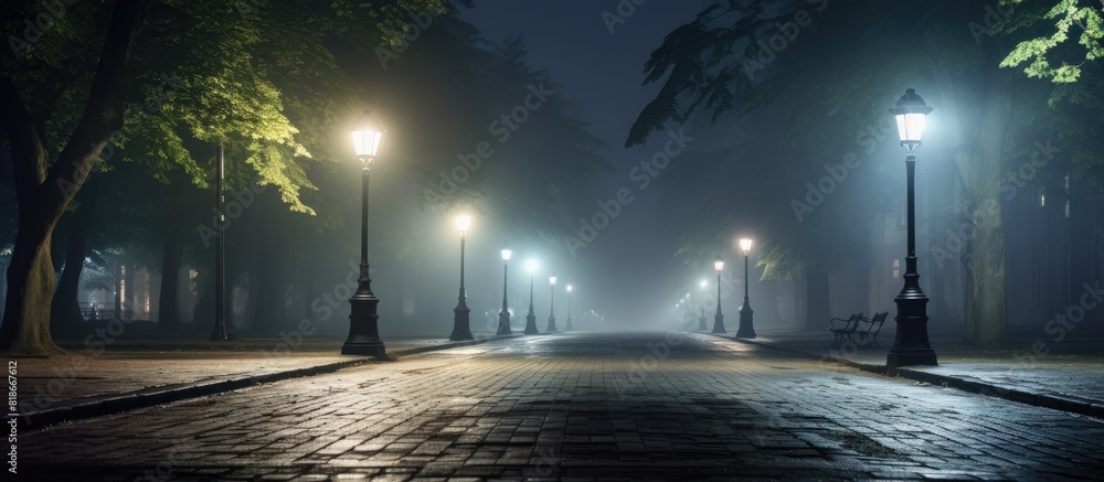 Aufkleber A foggy night park with a stone alley illuminated by lights creating a mysterious atmosphere The background provides copy space for text