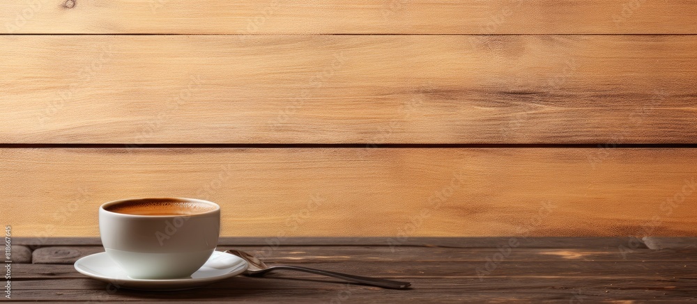 Poster A copy space image of a delicious cup of espresso coffee complete with a spoon placed on a wooden table all set for a delightful breakfast 144 characters