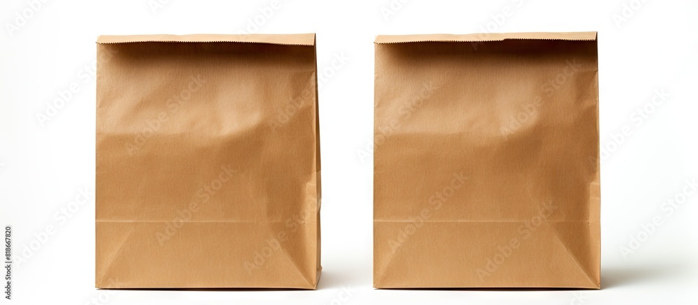 Poster an isolated white background showcases two identical brown paper bags with ample space for text or i