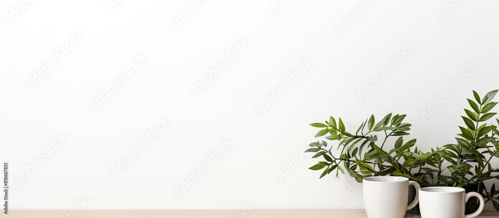 Poster a minimal workspace with a wireless keyboard coffee cup and plant on a white background providing ro