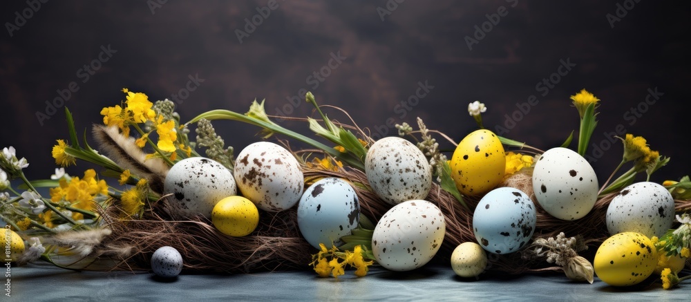 Poster easter banner featuring a rustic arrangement of willow twigs vibrant yellow spring flowers and beaut
