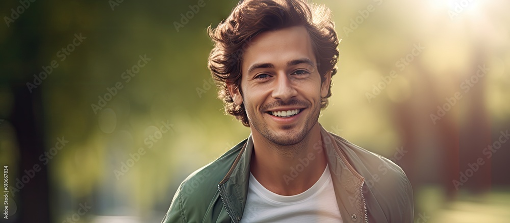 Poster a handsome young man riding a bicycle in the park with ample copy space image
