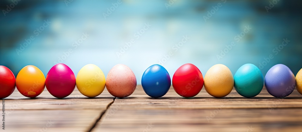 Poster happy easter card with bright colored dyed eggs placed on a wooden table creating a vibrant and fest