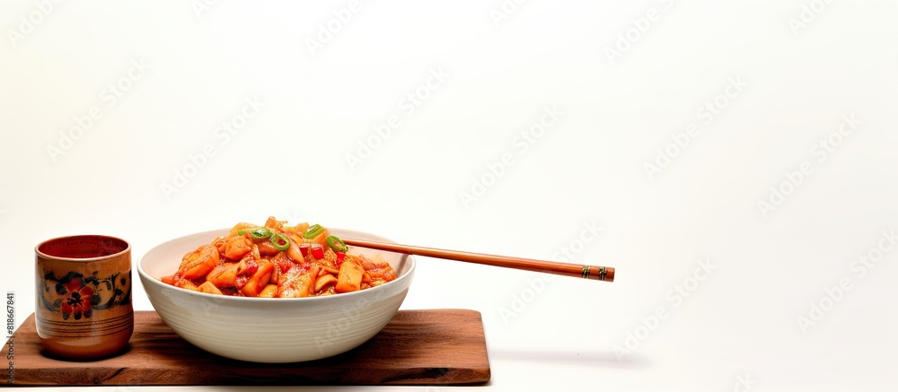 Aufkleber Arranged on a white backdrop a white cup holds Kimchi from Korea with bamboo chopsticks beside it creating a copy space image
