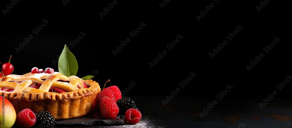 Poster a copy space image of a delicious homemade apple pie on a black slate with fruit in the background